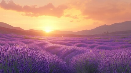 Obraz premium Serene Lavender Fields at Sunset with Vibrant Colors and Dramatic Sky