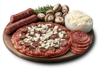 Obraz premium Freshly made pizza ingredients with pepperoni, sausage, mushrooms, mozzarella cheese, and rosemary on a wooden serving platter, ready for cooking