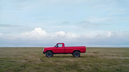 Fototapeta premium Red Pickup Truck in a Vast Field Under a Cloudy Sky