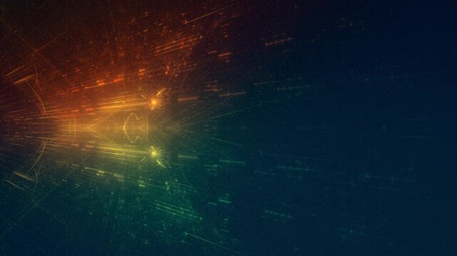 energievoll leuchtende Lichtpunkte bewegen sich langsam in eine Richtung, digitaler Datentransfer, Algorithmus, Internet, Datenfluss, Geschwindigkeit, Wandel, Austausch, gelb, gr&uuml;n, blau, orange
