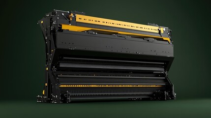 Heavy-duty metal bending machine on a deep green backdrop, powerful build