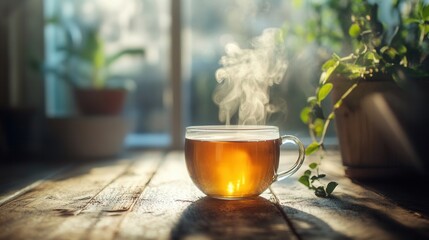 Warm Cup of Tea with Steam on Rustic Wooden Table Surrounded by Green Plants in Soft Morning Light