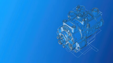 Industrial blueprint of a combustion engine with parts labeled on a blue gradient background