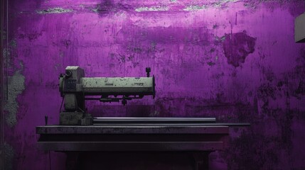 Industrial metalworking machine on an electric purple backdrop, sharp details
