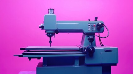 Fototapeta premium Industrial metalworking machine on an electric purple backdrop, sharp details