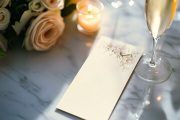  Elegant wedding menu mockup with roses, candle, and champagne flute on marble table setting for special occasions