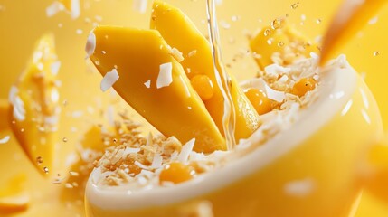  Delicious tropical mango maracuja smoothie with coconut flakes and refreshing splash, Hawaii inspired dessert
