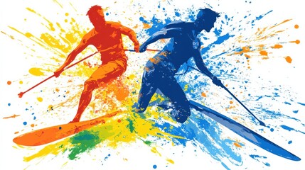 Fototapeta premium Energetic Paddleboarders in Action: Two Athletic Male Paddleboarders, One in Bright Orange and the Other in Cool Blue, Navigating Through a Vibrantly Colored Splash of Paint at Waterfront