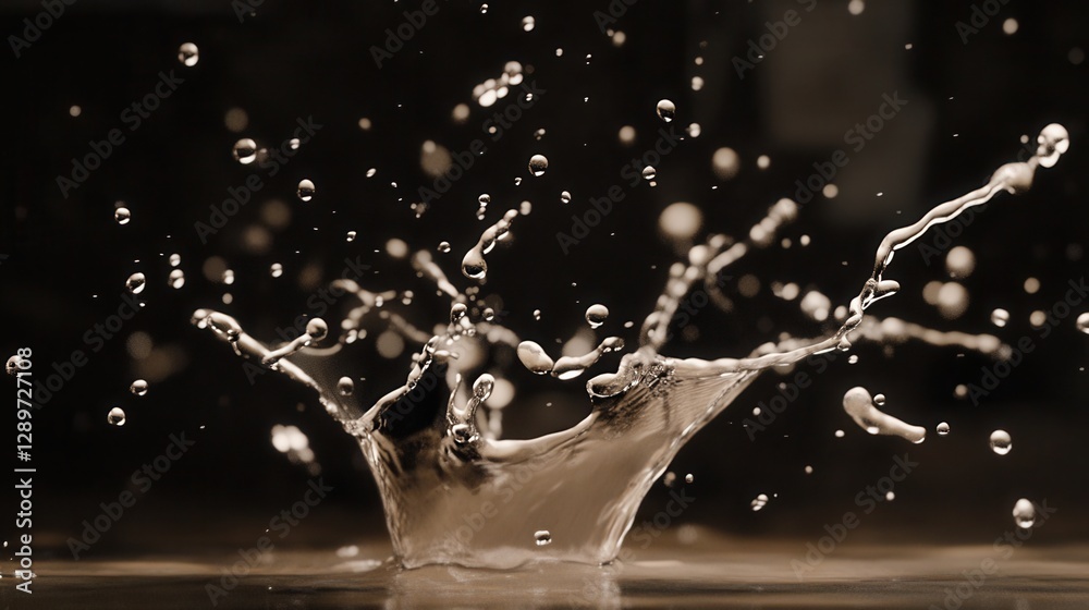 Poster captivating water splash with droplets in dark background creating dynamic motion and texture
