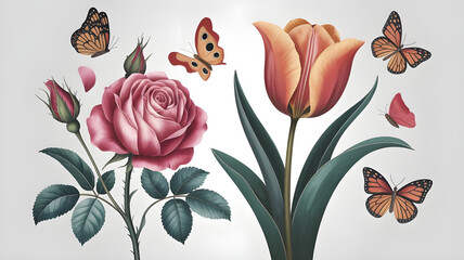 A popular design, flower and butterfly with branches and leaves