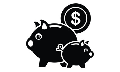 Piggy bank silhouette, dollar coin icon, savings symbol