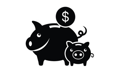 Piggy bank silhouette, dollar coin icon, savings symbol