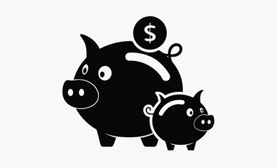 Piggy bank silhouette, dollar coin icon, savings symbol