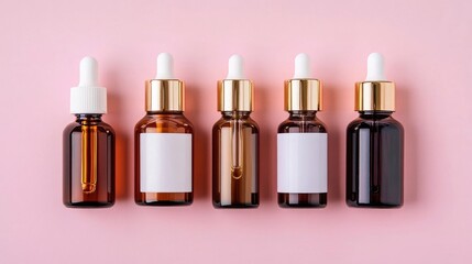Fototapeta premium Luxury skincare and beauty serums arranged on a soft pink gradient background