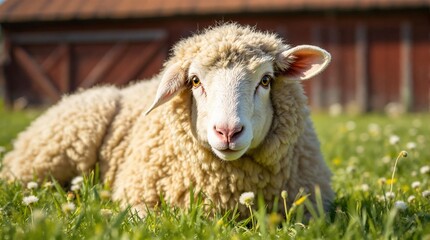 Naklejka premium Sheep Resting on Grass: Fluffy Farm Animal in Summer Field