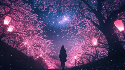 Obraz premium 満開の桜を背景に笑顔のセルフィ – 春色のファッションで輝く幸せな瞬間