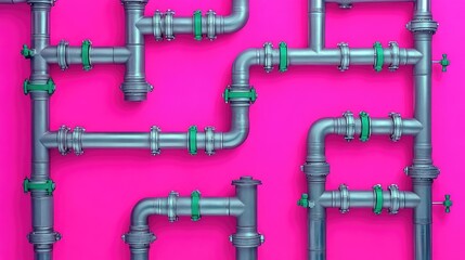 Network of silver pipes and green valves with a bright pink background