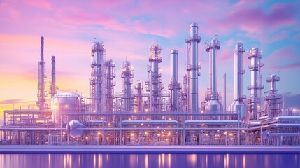 Oil refinery with complex pipes and towers on a pastel lavender background