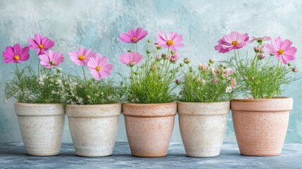 Naklejka premium Pink cosmos flowers in ceramic pots on a gentle mint-colored background