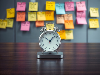 Close-up of an alarm clock with sticky notes in an office setting. Generative AI