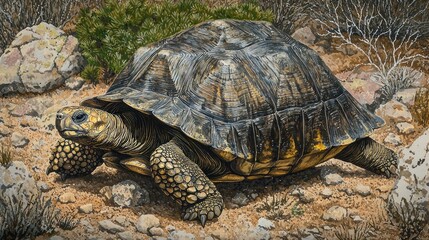 Obraz premium Galapagos tortoise walking on dry, rocky ground.