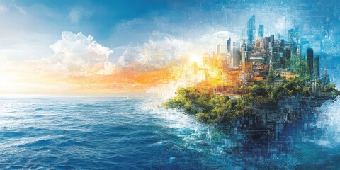 Obraz premium Cityscape sits atop lush land surrounded by ocean waters