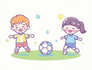 Happy Children Playing Soccer Pastel Illustration of Boy and Girl