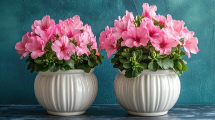 Fototapeta premium Pink flowers in elegant white pots on a deep teal background