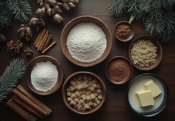 Ingredients for Festive Baking with Natural Elements and Unique Textures on Rustic Wooden Background