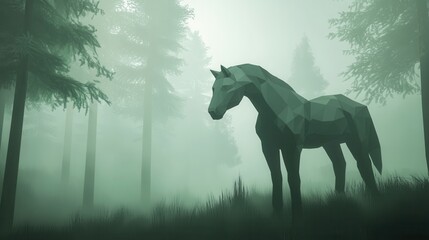 Low-Poly Horse in Mysterious Foggy Forest Surrounded by Trees and Mist, Digital Art Representation of Nature and Wildlife