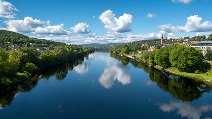 Fototapeta premium Serene River Landscape with Cloud Reflections on a Sunny Day