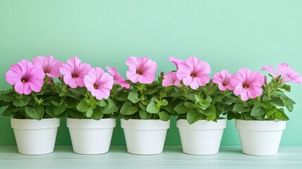Naklejka premium Pink petunias in small white pots with a light green background