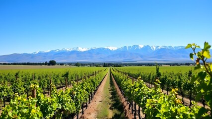  A clear blue sky over Mendoza’s vineyards, with snow capped Andes mountains providing a stunning backdrop to the scene.