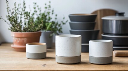 Kitchen ceramic pots, herbs, cooking tools