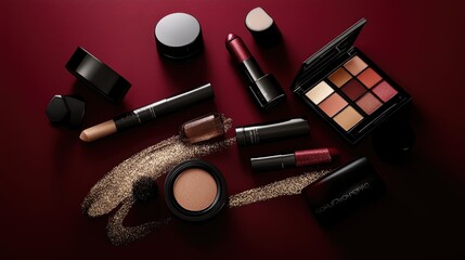 Obraz premium Premium beauty collection featuring organic and cruelty-free cosmetics on a deep burgundy background