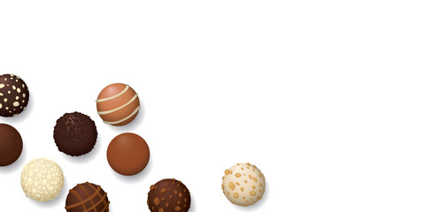 Various chocolate balls top view on white background graphic illustration have blank space.