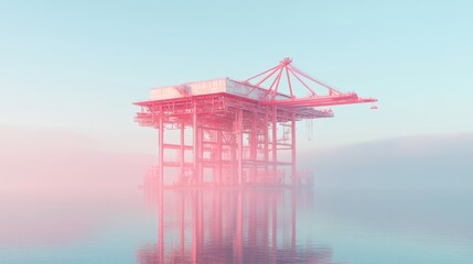 Shipping docks with large cranes on a pastel soft blue background
