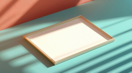 Empty wooden frame on a color gradient table with soft shadows and pastel wall background in natural light setting