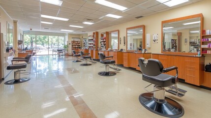 Spacious beauty salon with multiple styling chairs, large vanity mirrors, and professional salon tools organized