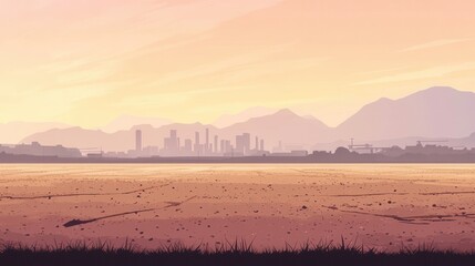 Serene Landscape at Sunset with City Skyline in Distance and Mountains Under Soft Pastel Sky