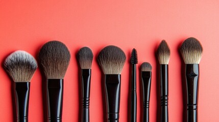 Stylish cosmetic brushes with synthetic bristles placed on a warm coral background