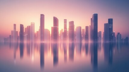 Fototapeta premium Serene Sunrise Reflection Over Modern Skyscrapers in Urban Landscape with Soft Hues and Misty Atmosphere