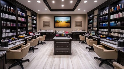 Stylish nail salon setup with manicure stations, sleek chairs, and an array of colorful nail polishes on display