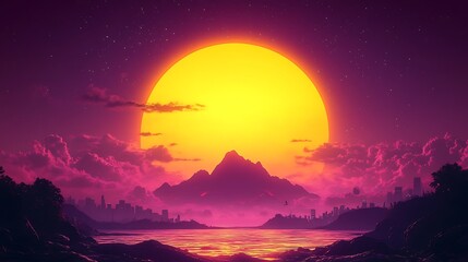 Naklejka premium A dreamy gradient sunrise with soft lavender, pink, and gold hues illuminating rolling hills and a majestic peak.