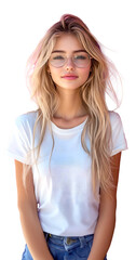 Fototapeta premium Blonde Girl in White T-shirt Mock Up Isolated Background