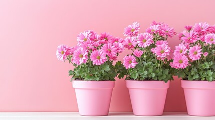 Obraz premium Small pink flower pots arranged on a soft coral background