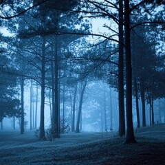 Obraz premium Misty blue forest at dawn.