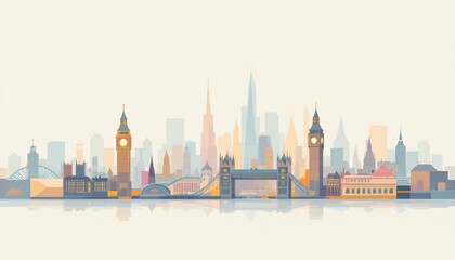 Obraz premium A vibrant skyline illustration of a city featuring iconic landmarks and a tranquil atmosphere.