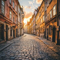 Obraz premium Cobblestone street at sunrise, old town architecture.