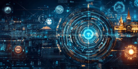 Obraz premium Futuristic technology interface overlaying a cityscape with illuminated buildings